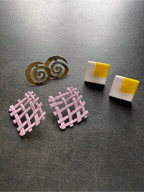 Totally 80’s Retro Earring Set — Gold Spiral, Pink Woven, Yellow & White Squares